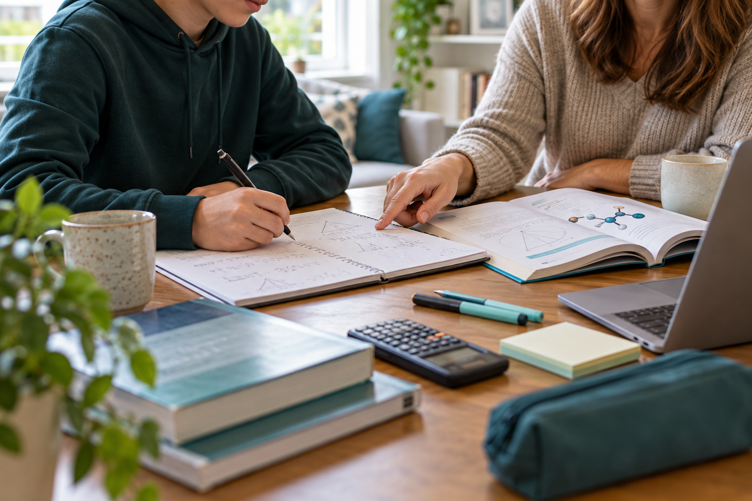 A tutor helping a student work through GCSE maths and science revision